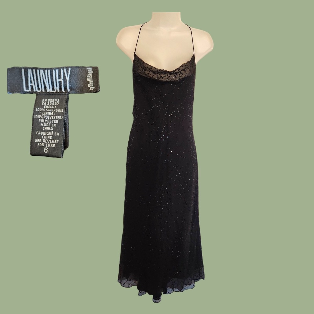 VTG Laundry Shelli Segal Silk Cowl Neck Slip Dress Black Sequin Maxi Y2K 90s 6